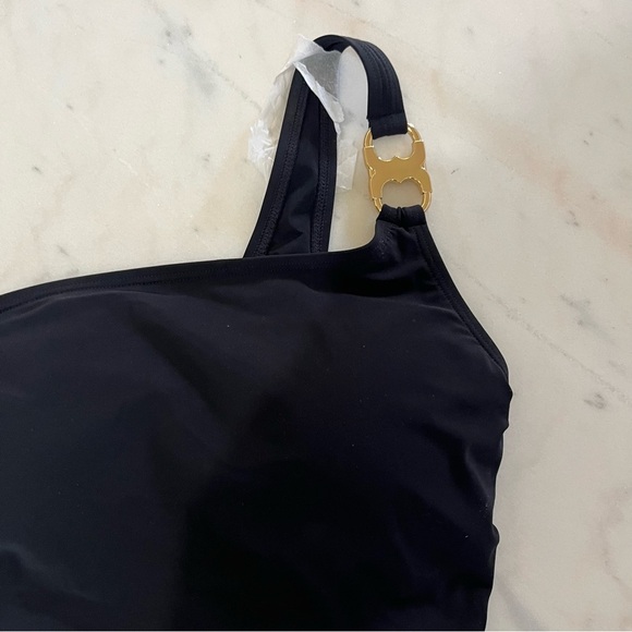 Tory Burch Gemini Link Silver Metal One Shoulder One Piece Swimsuit Black NWT - Picture 4 of 6